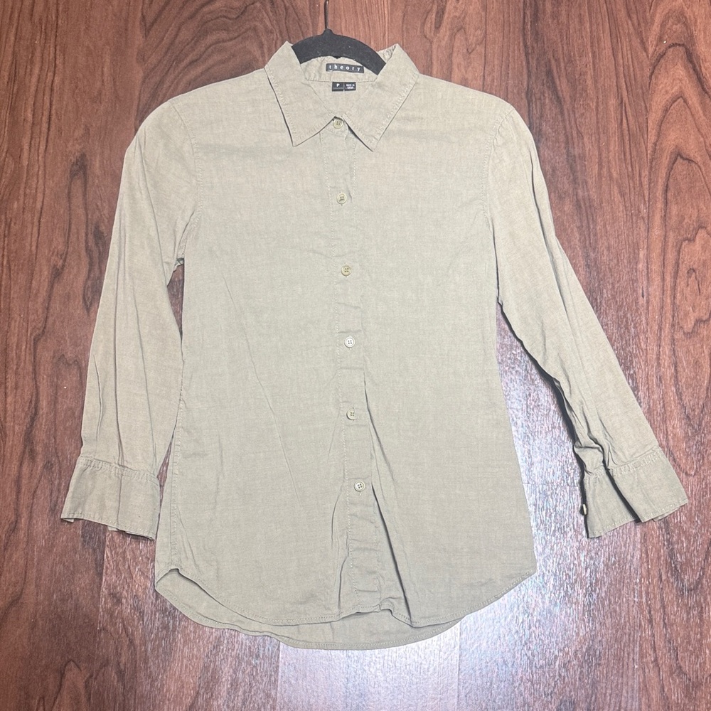 THEORY Light Olive Button-Down Linen Blend Stretchy Shirt SIZE P (XS)